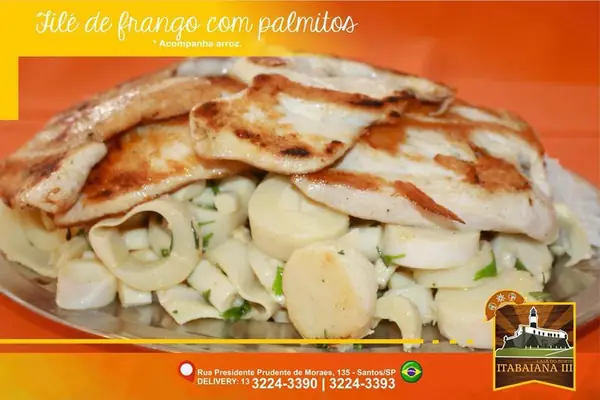 Filé de Frango com Palmitos – prato do Restaurante Itabaiana III em Santos